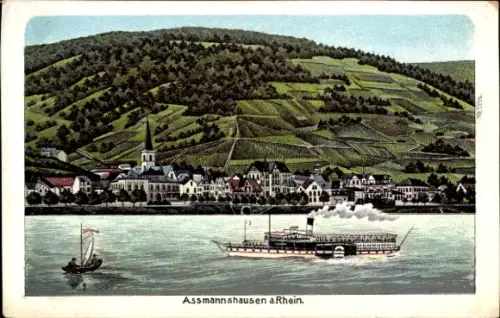 Litho Assmannshausen Rüdesheim am Rhein, Gesamtansicht, Dampfer