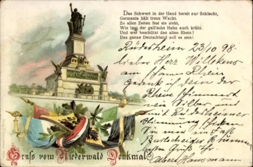 Litho Rüdesheim am Rhein, Das Niederwald Denkmal mit Gedicht