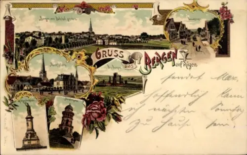 Litho Bergen auf der Insel Rügen, Marktplatz, Kriegerdenkmal, Arndtturm, Panorama vom Bahnhof aus