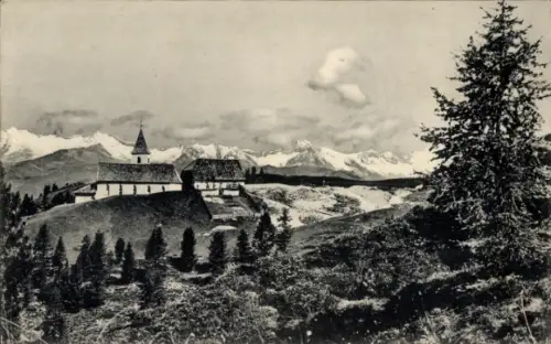 Ak Südtirol, Heiligkreuz Hospiz mit den Zillertaler Gletschern