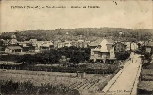 Ak Taverny Val d'Oise, Häuser, Gärten/Parzellen, Straße mit Passanten und Wagen, Weinreben