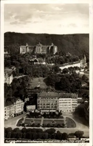 Ak Karlovy Vary Karlsbad Stadt, Blick vom Hirschensprung, Hotel Imperial, Landschaft, Schwarz-Wei