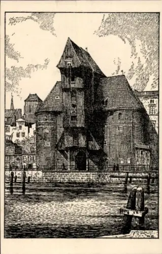 Künstler Ak Lenz, W., Gdańsk Danzig, Blick übers Wasser auf das Krantor