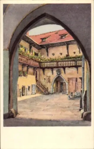 Ak Cheb Eger Region Karlsbad, EGER - Stadthaushof, Innenhof, Arkaden, Außentreppe, Holzgalerie
