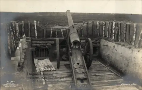 Ak Maubeuge Nord, Verlassene englische Artillerie Stellung, Geschütz, westl. Kriegsschauplatz, 1. WK