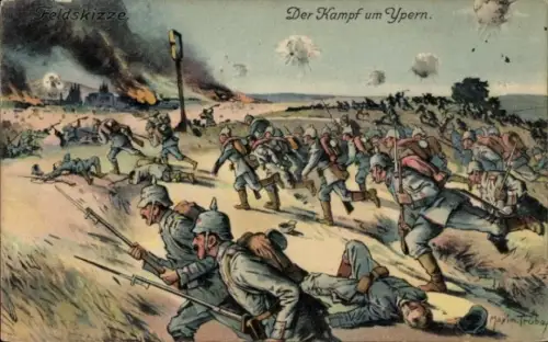 Künstler Ak Trübe, M., Ypres Ypern Westflandern, Schlachtfeld, Deutsche Soldaten, I. WK