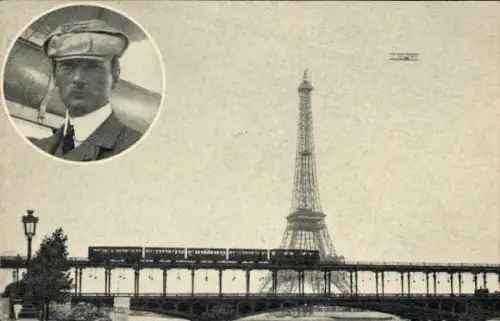 Ak Paris VII, La Tour Eiffel, Eiffelturm, Pilot, Flugzeug