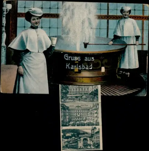 Leporello Ak Karlovy Vary Karlsbad Stadt, Hotel Pupp, Sprudel