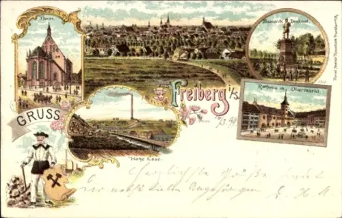 Litho  Freiberg in Sachsen, Dom, Hohe Esse, Rathaus, Obermarkt, Bismarck-Denkmal, Bergmann