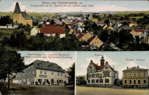 Ak Oberlungwitz in Sachsen,  St. Martinus-Kirche, Restauration Misselwitz, Rathaus, Kaiserl. Post
