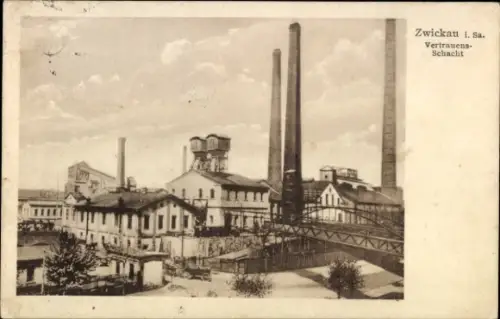 Ak Zwickau in Sachsen, Blick zum Vertrauensschacht, Schornsteine, Brücke