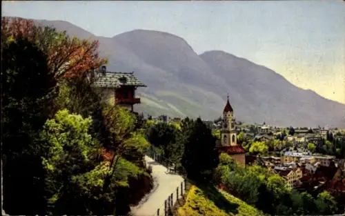 Ak Meran Merano Südtirol, Blick vom Tappeinerweg, Kirchturm