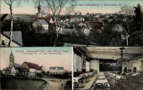 Ak Callenberg in Sachsen, Gesamtansicht, Gasthof Plauenscher Hof, Inh. Bruno Thost, Kirche
