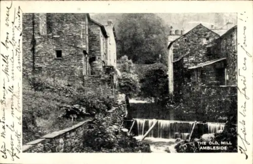 Ak Ambleside Lake District Cumbria England, Alte Mühle, Wasserfall, Steinhäuser, Fluss, 