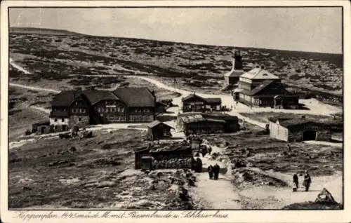 Ak Pec pod Sněžkou Petzer Riesengebirge Region Königsgrätz, Riesenbaude, Koppenplan, Schlesierhaus