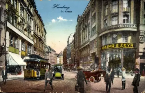 Ak Hamburg Altstadt, Gr. Burstah, Geschäft Büsing & Zeyn, Tram