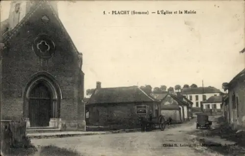 Ak Plachy Somme, Kirche und Rathaus