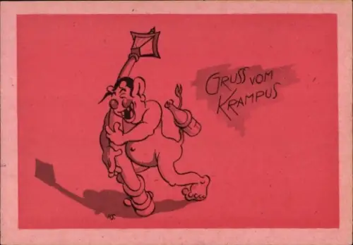 Ak Gruß vom Krampus, betrunken an eine Laterne gelehnt