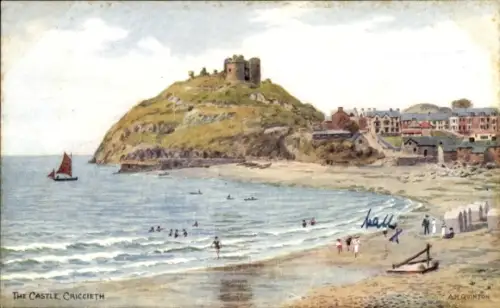 Ak Criccieth Wales, Criccieth Castle, Strandansicht, Badegäste, Segelboot