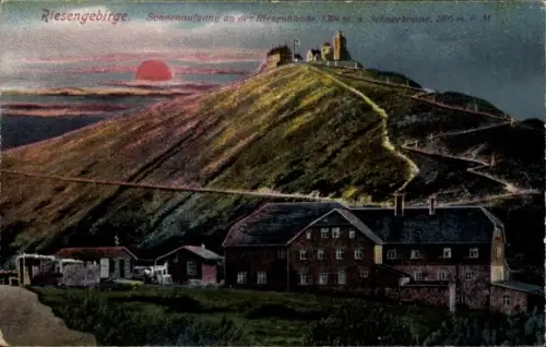 Ak Malá Úpa Kleinaupa Riesengebirge Region Königgrätz, Schneekoppe, Baude, Sonnenaufgang