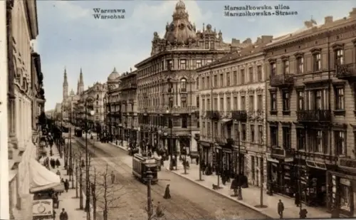 Ak Warszawa Warschau Polen, Strasse in  historische Gebäude, Straßenbahn, Menschen