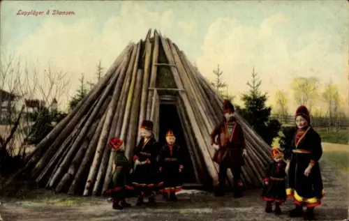 Ak Skansen Stockholm Schweden, Lappjagd, Familie in Landestracht