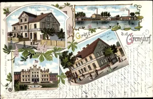 Litho Gromadka Gremsdorf Niederschlesien, Gasthaus zu den drei Kaisern, Warenhandlung, Schloss