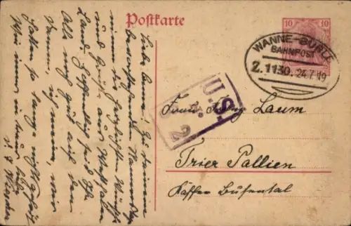 Bahnpoststempel Wanne - Burlo, Zug 1130, 24.7.1919, auf Postkarte Ganzsache
