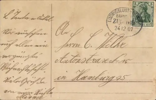 Bahnpoststempel Ludwigslust - Dömitz, Zug 169, 24.12.07, auf Ak