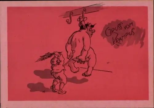 Ak Gruß vom Krampus, aufgehängter Krampus wird mit Rute gepeitscht