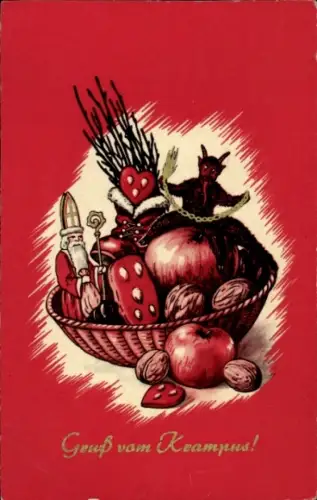 Ak Krampus, Korb mit Geschenken, Nikolaus