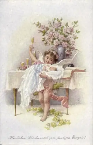 Ak Glückwunsch Geburt, Engel, Baby, Blumen