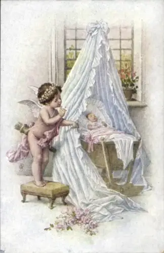 Ak Geburt, Engel, Baby, Blumen