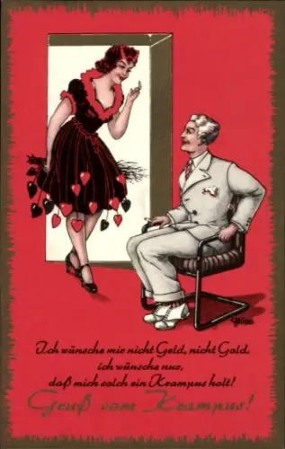 Ak Krampus, Frau, Mann, Herzen