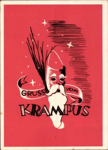 Ak Gruß vom Krampus, Maske, Rute