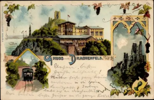 Litho Königswinter am Rhein, Drachenfels, Ruine, Zahnradbahn