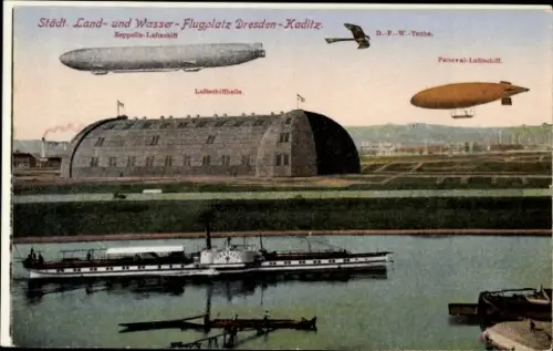 Ak Dresden Kaditz, Städt. Land, Wasserflugplatz, Zeppelin, Parseval, Taube, Elbdampfer
