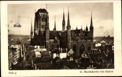 Ak Gdańsk Danzig, Ansicht der St. Marienkirche von Südost, Glockenturm