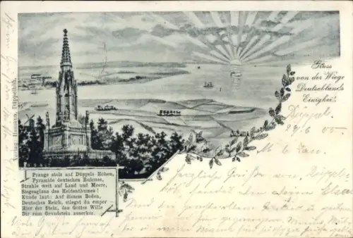 Ak Dybbøl Düppel Dänemark, Düppels Höhen, Pyramide deutschen Ruhmes, Sonnenuntergang