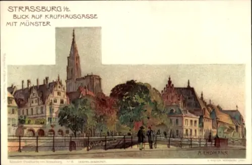 Künstler Litho Erdmann, A., Strasbourg Straßburg Elsass Bas Rhin, Kaufhausgasse mit Münster