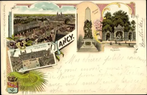 Litho Nancy Meurthe et Moselle, Gesamtansicht, Denkmal, Wappen