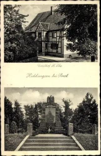 Ak Hiddingsen Soest in Nordrhein Westfalen, Gasthof, Kriegerdenkmal
