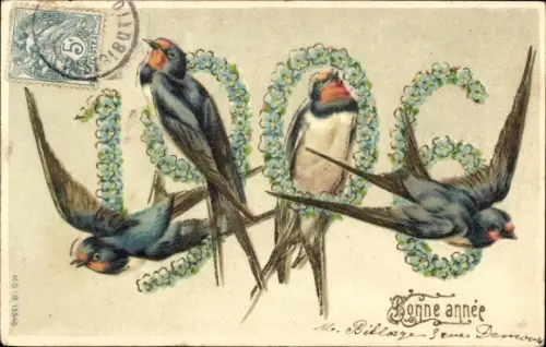 Präge Ak Glückwunsch Neujahr 1906, Schwalben, Vergissmeinnicht