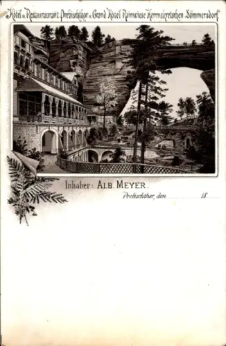 Litho Hřensko Herrnskretschen Elbe Reg. Aussig, Prebischtor, Felsbrücke, Hotel, Inh. Alb. Meyer
