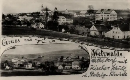 Foto Ak Václavice Wetzwalde Hrádek nad Nisou Grottau, Mitteldorf, Kirche, Schule, Stelzig-Schmiede