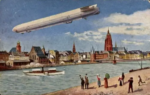 Künstler Ak Zeppelin über der Stadt, Internationale Luftschifffahrts Ausstellung Frankfurt am Main