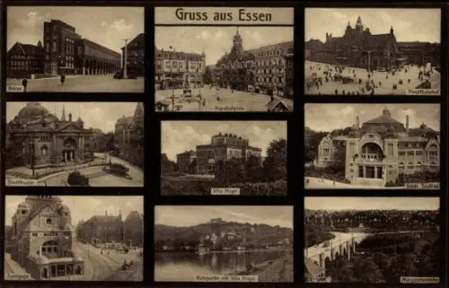 Judaika Ak Essen im Ruhrgebiet, Kapstadtplatz, Hauptbahnhof, Stadttheater, Synagoge, Villa Hügel