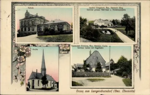 Ak Langenchursdorf Callenberg Sachsen, Schule, Kirche, Gasthof Erbgericht, Restaurant Erholung