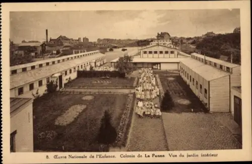 Ak La Panne Westflandern, Oeuvre Nationale de l'Enfance, Colonie de La Panne, Vue du jardin