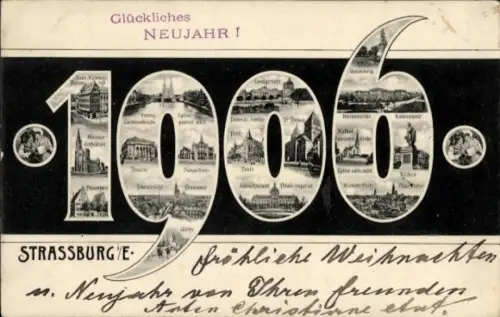 Passepartout Ak Straßburg Elsass Bas Rhin, Fröhliches Neujahr 1906, Miniaturansichten